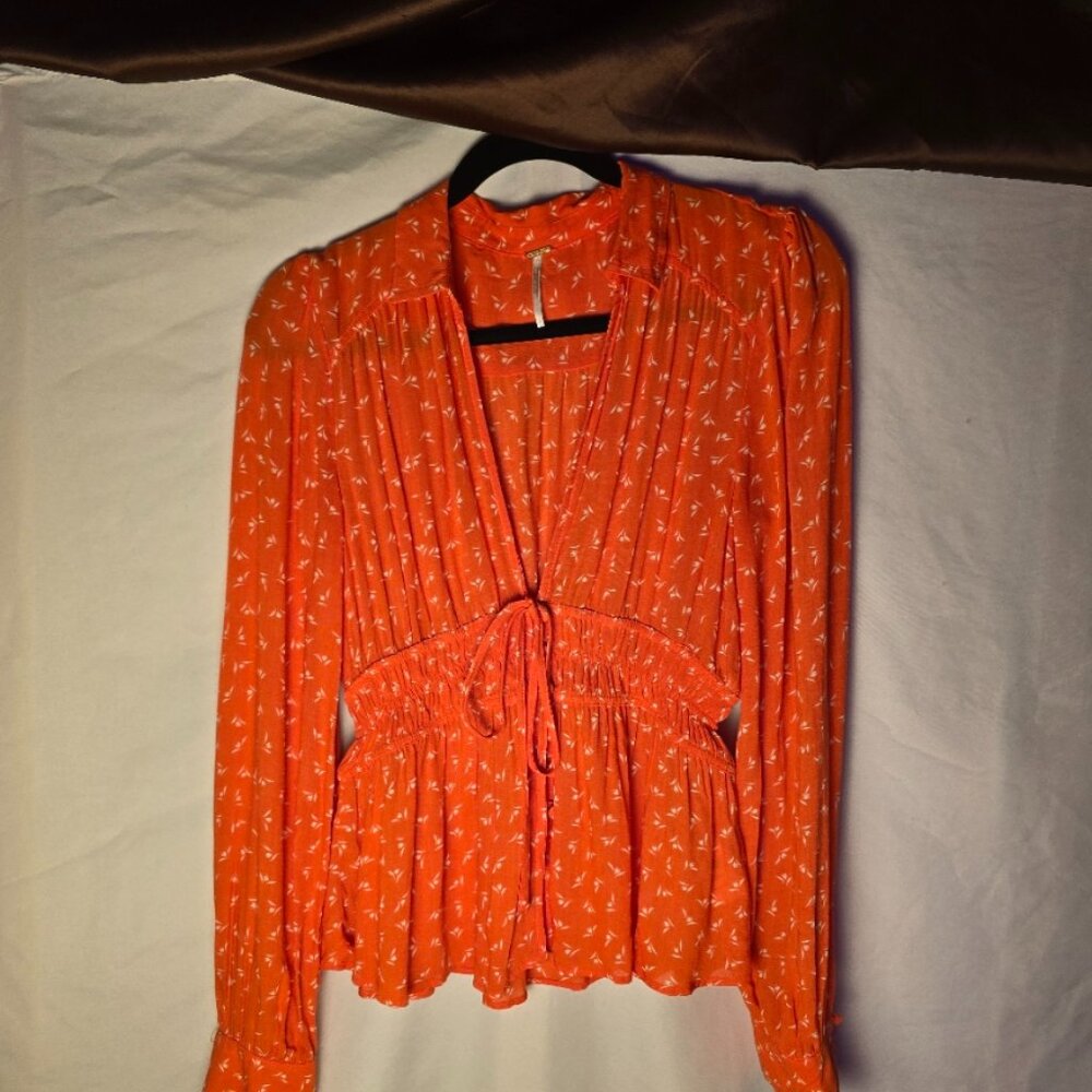Free People S Floral Smocked Prairie Blouse Long Sleeve Deep V Shirt Cropped